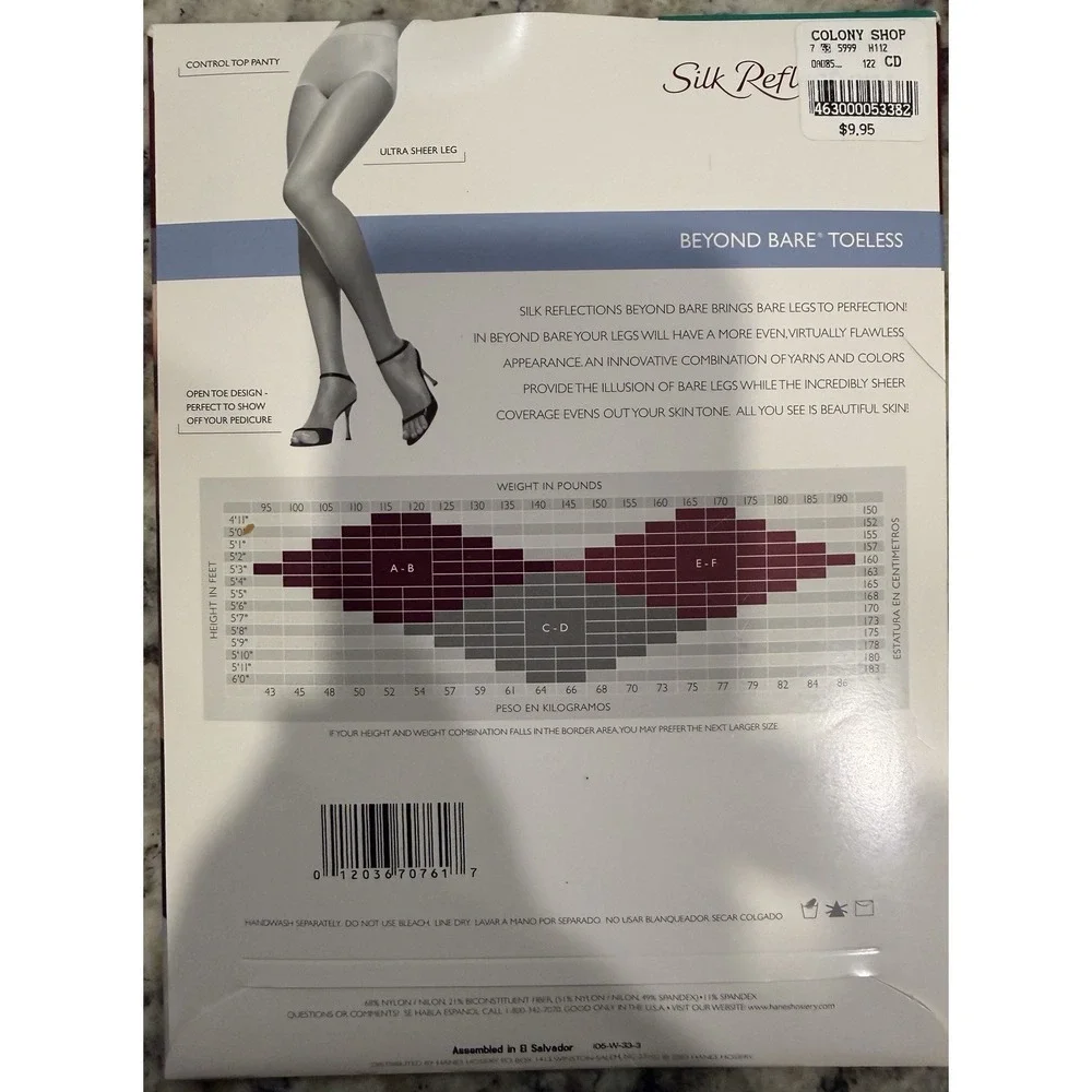 Hanes Pantyhose Womens CD Natural Control Top Toeless Silk Reflections 1 Pair
